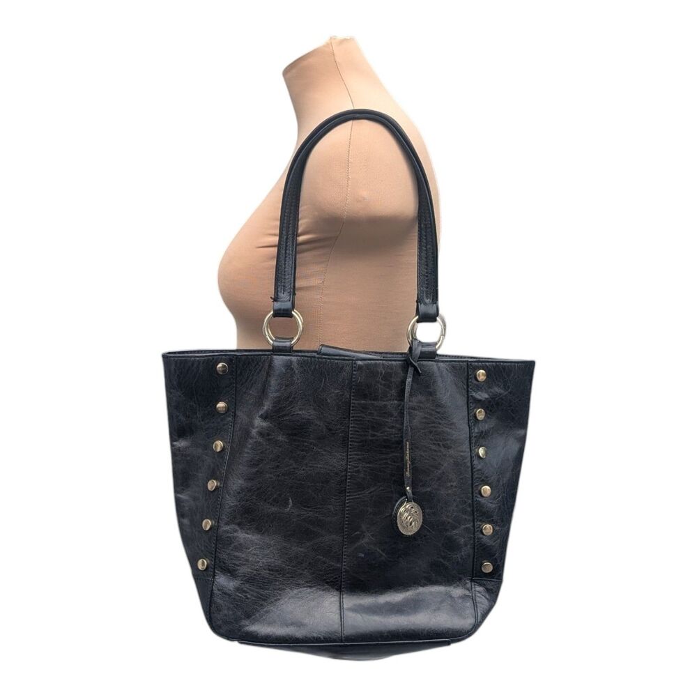 Tommy Bahama Black Leather Tote Studded Shoulder Purse Handbag Gold Medallion